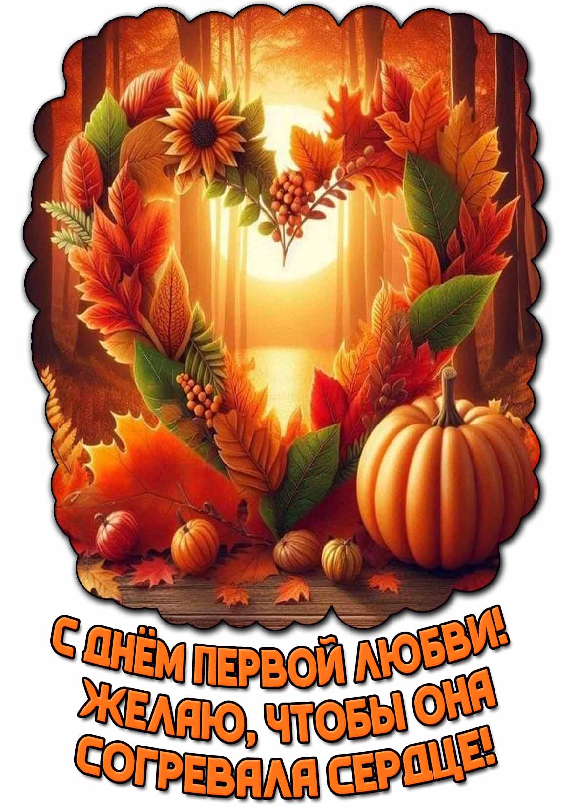 Осенняя открытка "С днём первой любви! Желаю, чтобы она согревала сердце!"