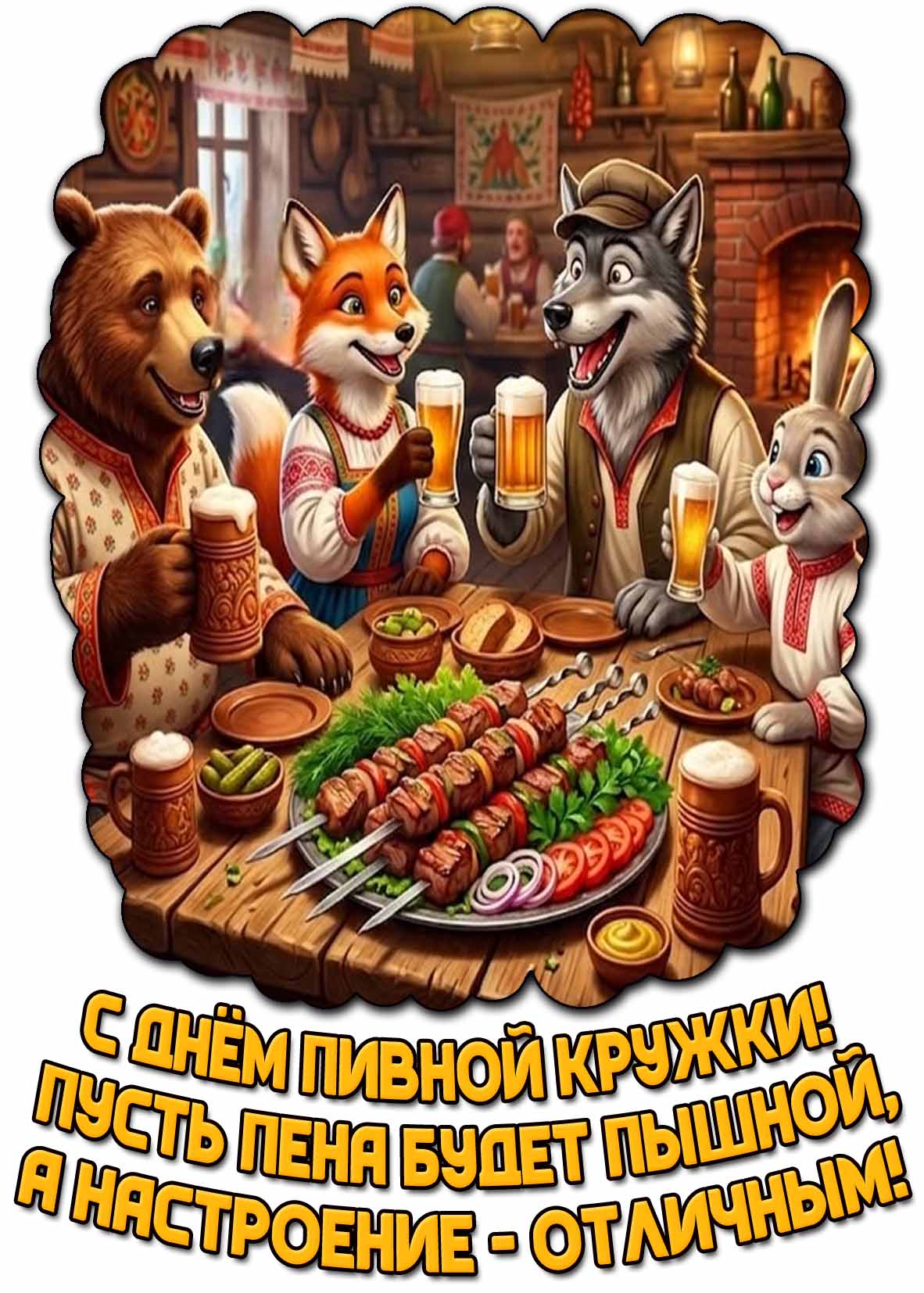 Прикольная открытка "С днём пивной кружки! Пусть пена будет пышной, а настроение - отличным!"