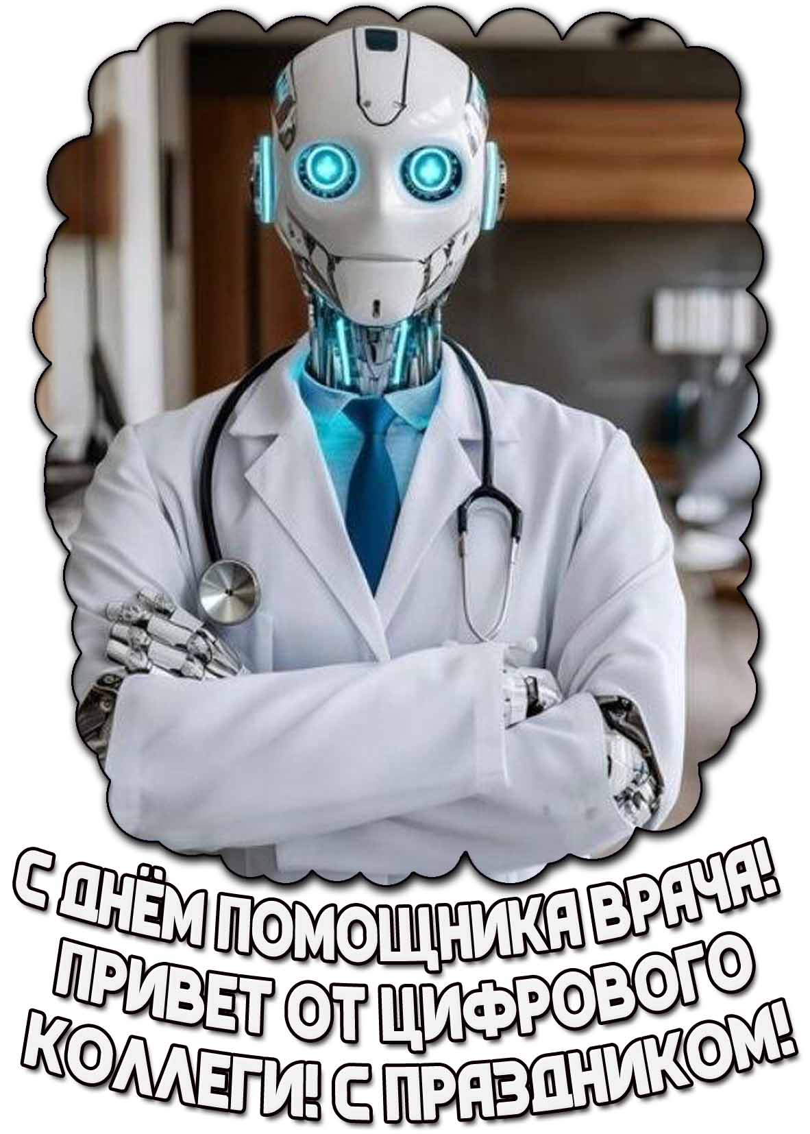 Прикольная открытка "С днём помощника врача! Привет от цифрового коллеги! С праздником!"
