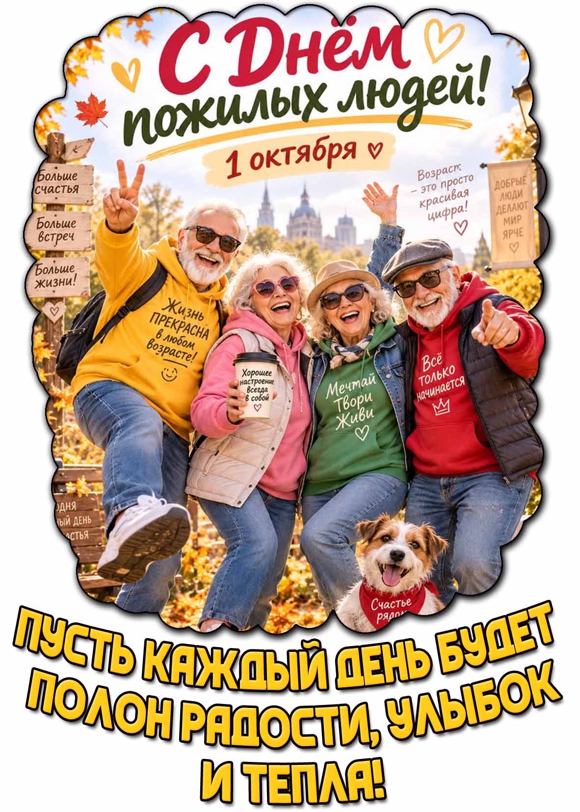 Прикольная открытка 1 октября - с днём пожилых людей! Пусть каждый день будет полон радости, улыбок и тепла!