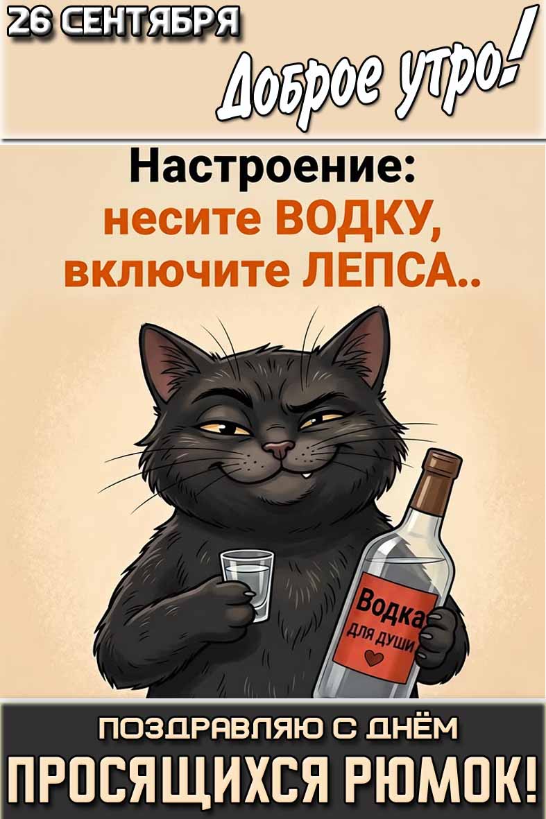 Открытка "26 сентября доброе утро! Поздравляю с днём просящихся рюмок! Настроение : несите водку, включите Лепса!"