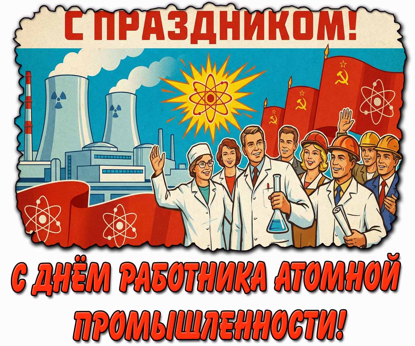 Советская открытка "С днём работника атомной промышленности! С праздником!"