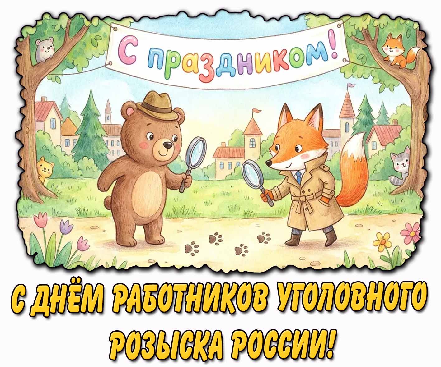 Прикольная детская открытка "С днём работников уголовного розыска России! С праздником!"