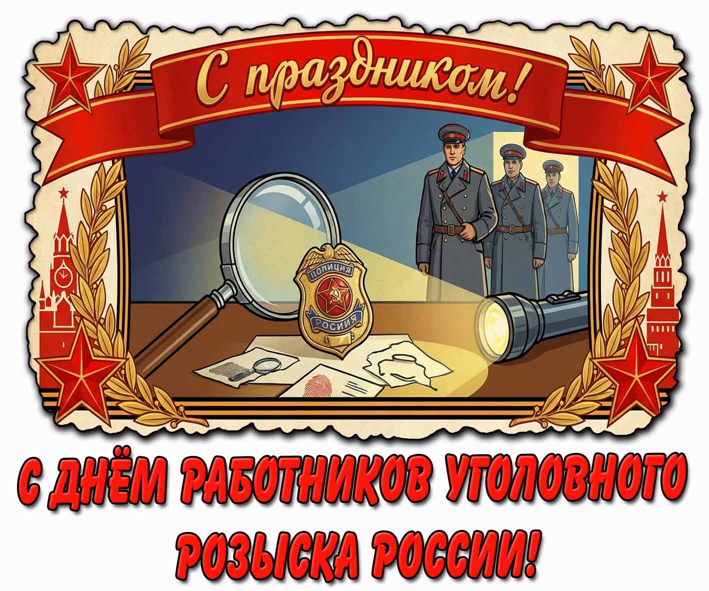 Советская открытка "С днём работников уголовного розыска России! С праздником!"