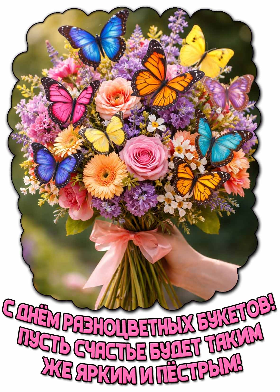 Открытка "С днём разноцветных букетов! Пусть счастье будет таким же ярким и пёстрым!"