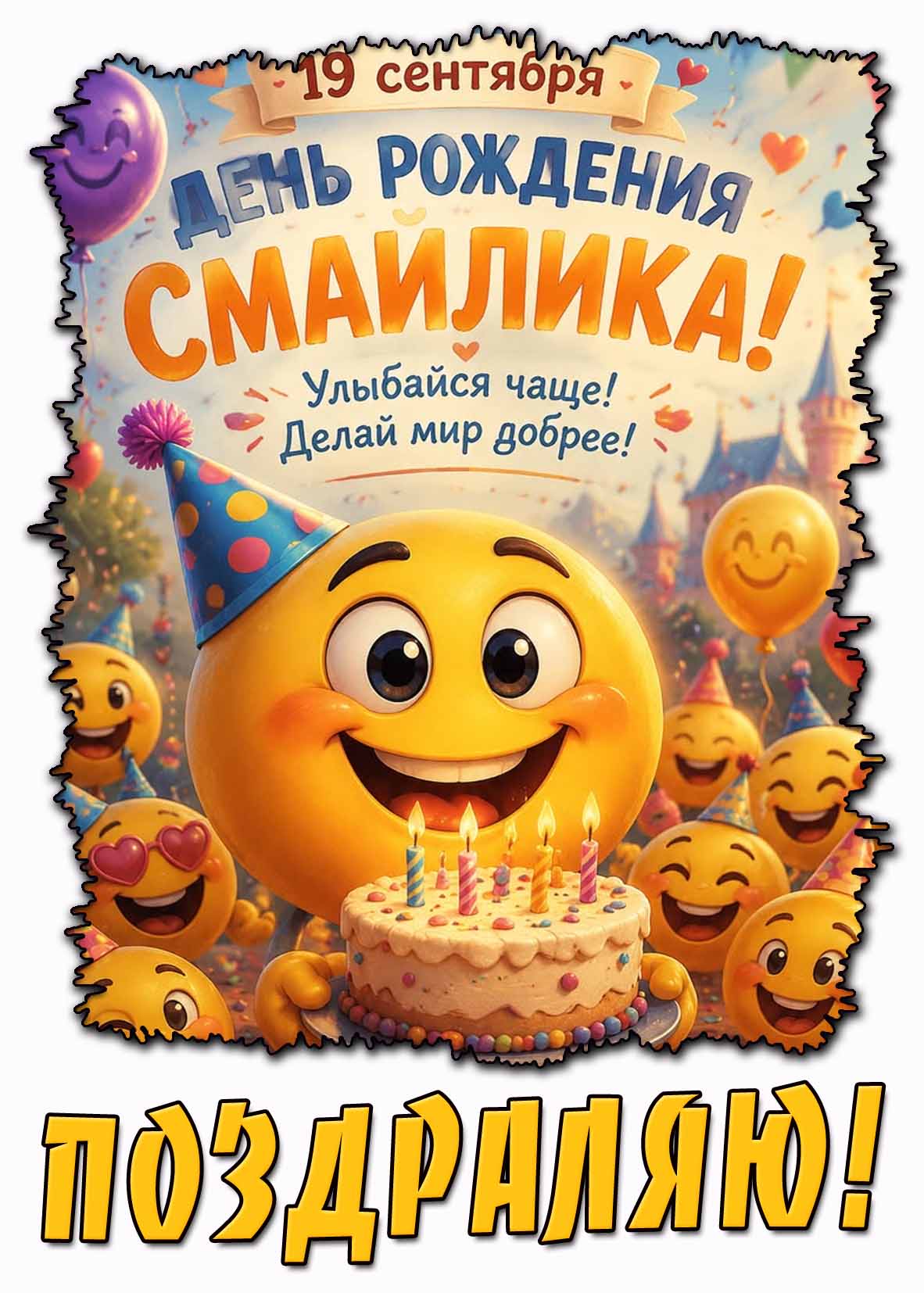 Прикольная открытка 19 сентября - день рождения смайлика! Улыбайся чаще! Делай мир добрее! Поздравляю!