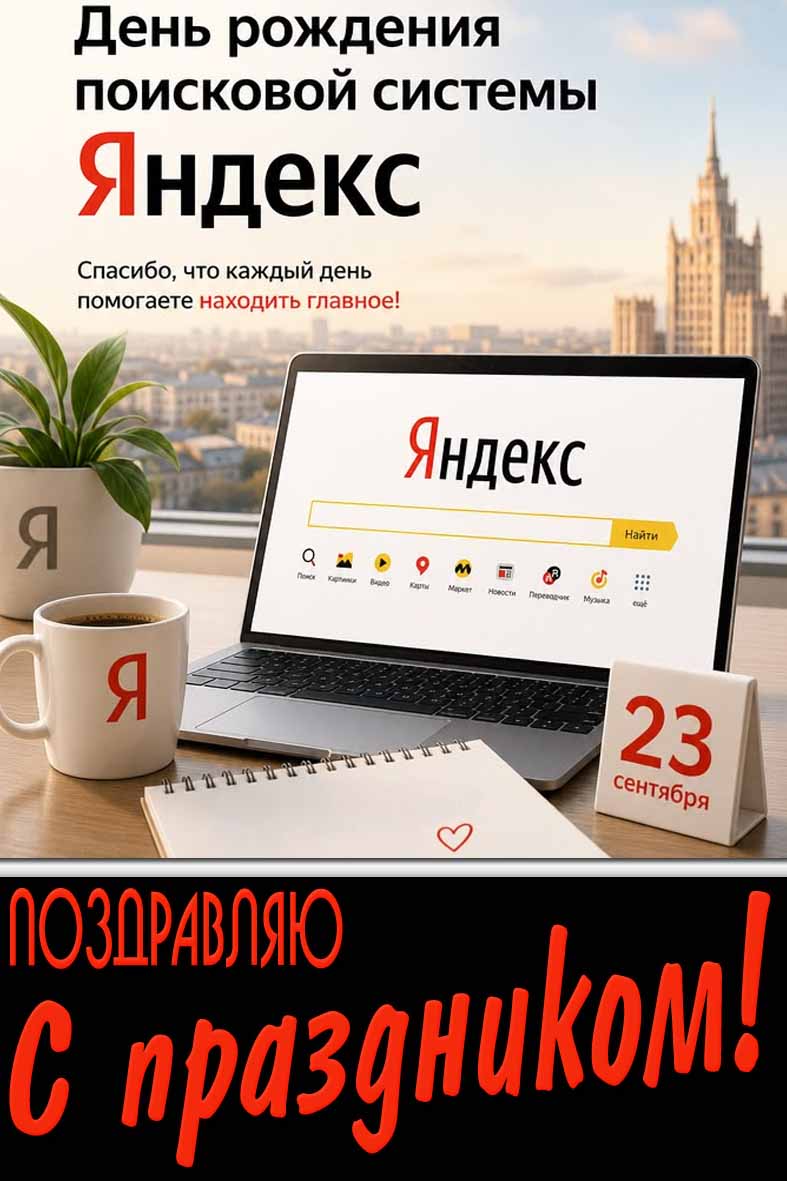 Картинка 23 сентября - день рождения поисковой системы "Яндекс!" Спасибо, что каждый день помогаете находить главное! Поздравляю с праздником!