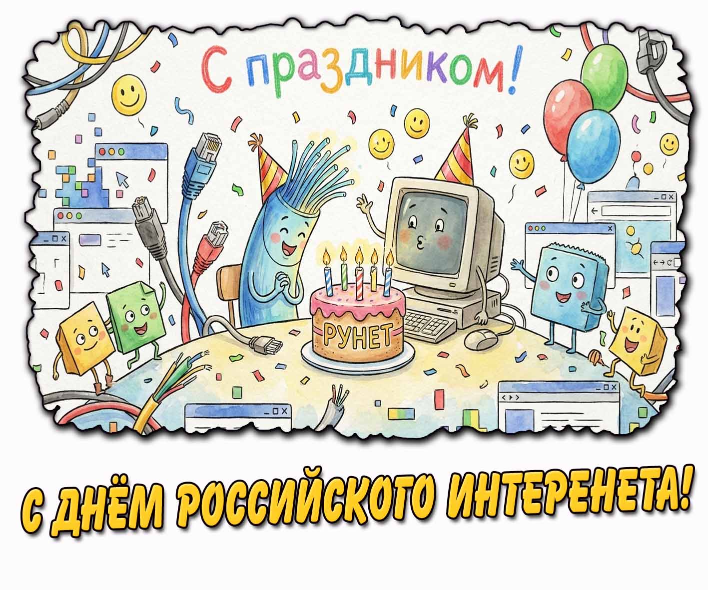 Прикольная детская открытка "С днём Российского интернета! С праздником!"