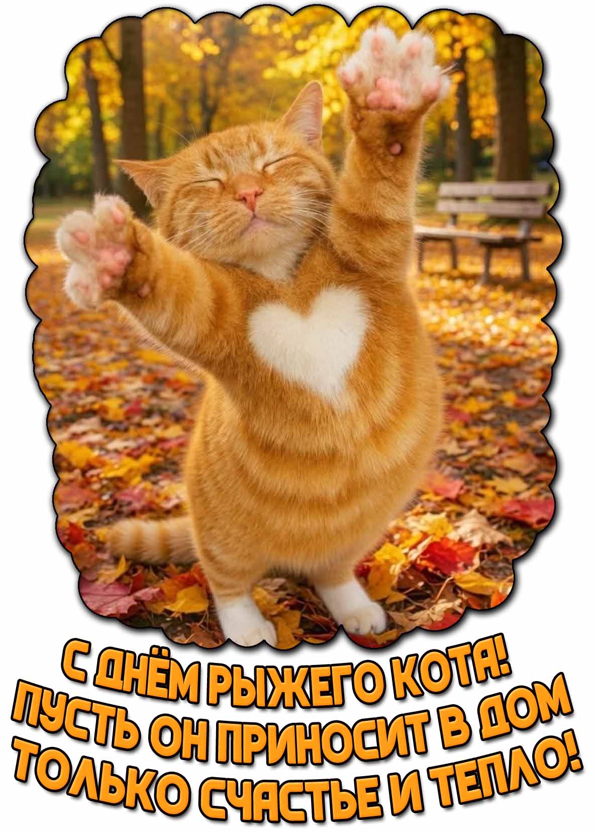 Открытка "С днём рыжего кота! Пусть он приносит в дом только счастье и тепло!"