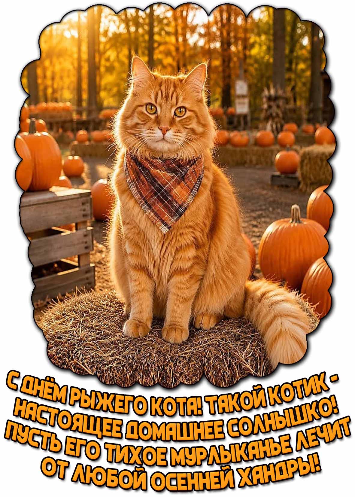 Красивая открытка "С днём рыжего кота! Такой котик - настоящее домашнее солнышко! Пусть его тихое мурлыканье лечит от любой осенней хандры!"