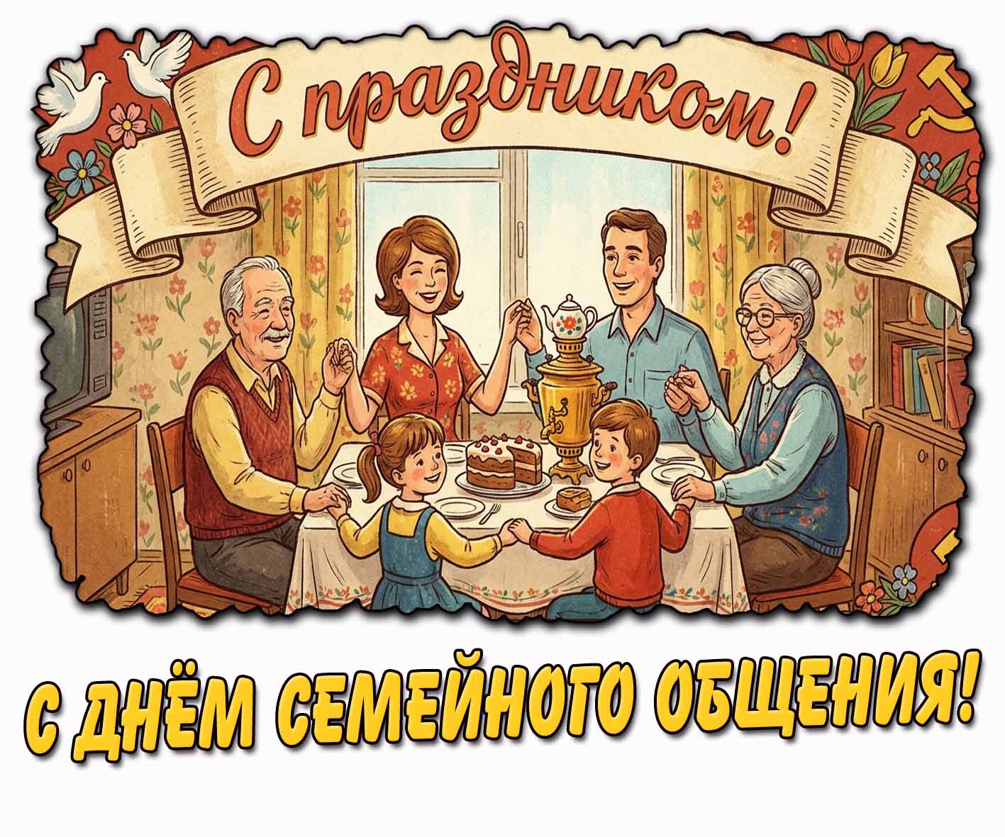 Советская открытка "С днём семейного общения! С праздником!"