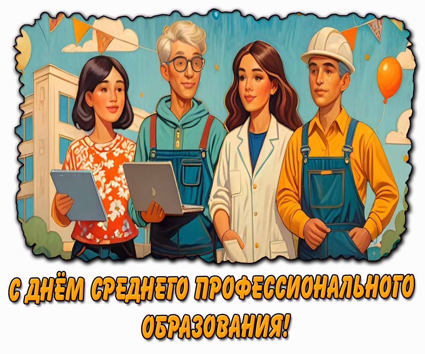 С днём среднего профессионального образования! - открытка с молодыми рабочими