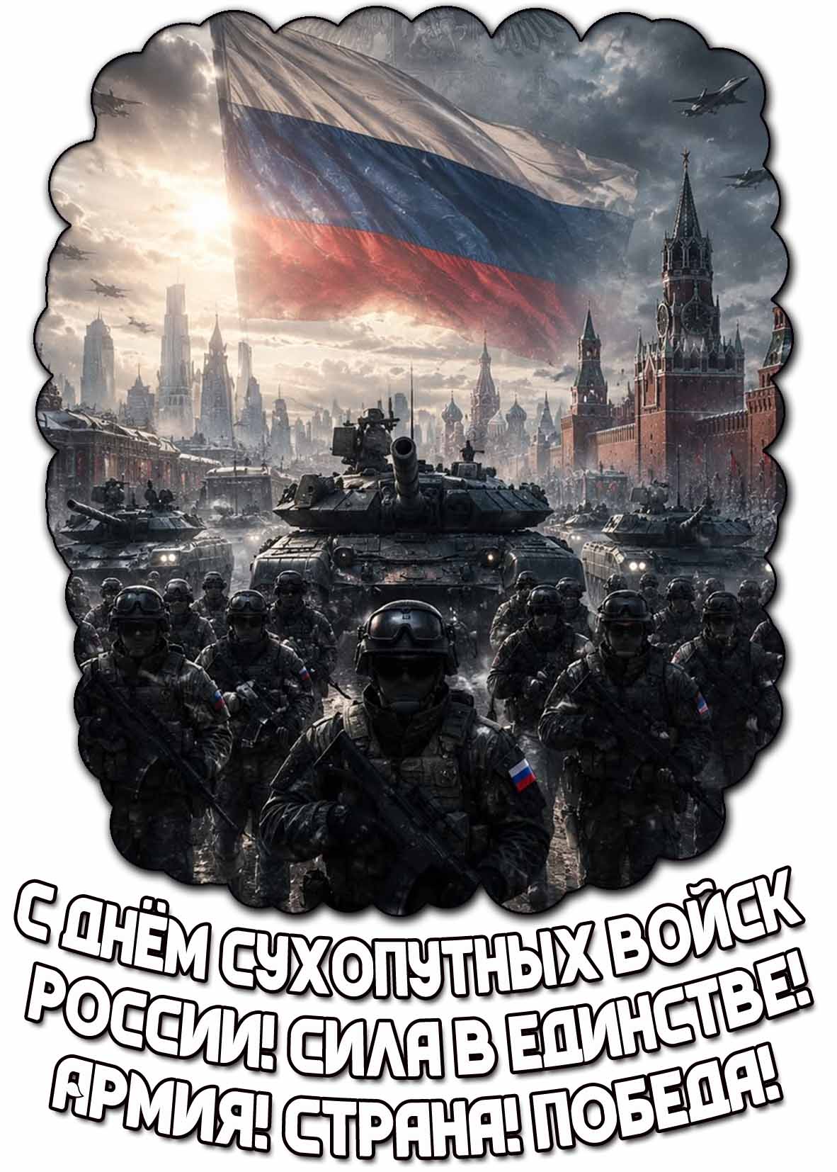 Открытка "С днём сухопутных войск России! Сила в единстве! Армия! Страна! Победа!"