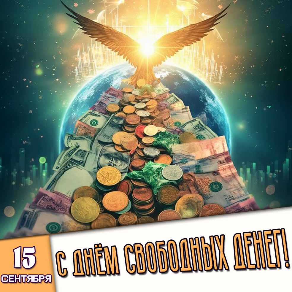 Красивая и креативная картинка с денежной дорожкой на фоне орла и планеты Земля к празднику 15 сентября - с днём свободных денег! Картинка 15 сентября - с днём свободных денег!