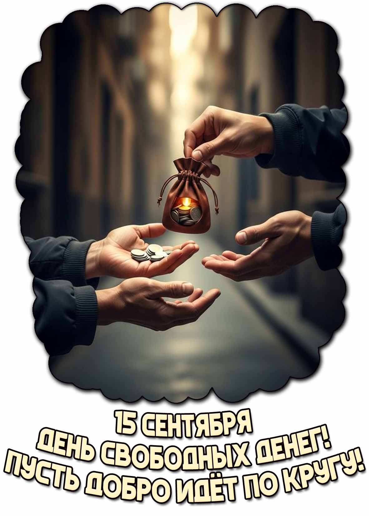 Стильная открытка с монетками, переходящими из рук в руки к празднику 15 сентября - день свободных денег! Пусть добро идёт по кругу! Открытка 15 сентября - день свободных денег! Пусть добро идёт по кругу!