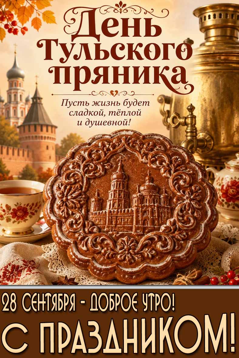 Картинка 28 сентября - день Тульского пряника! Доброе утро! Пусть жизнь будет сладкой, тёплой и душевной! С праздником!