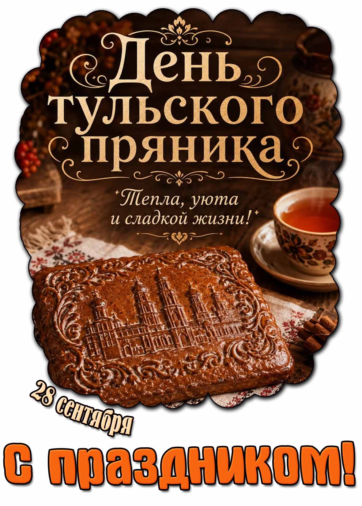 Открытка 28 сентября - день Тульского пряника! Тепла, уюта и сладкой жизни! С праздником!