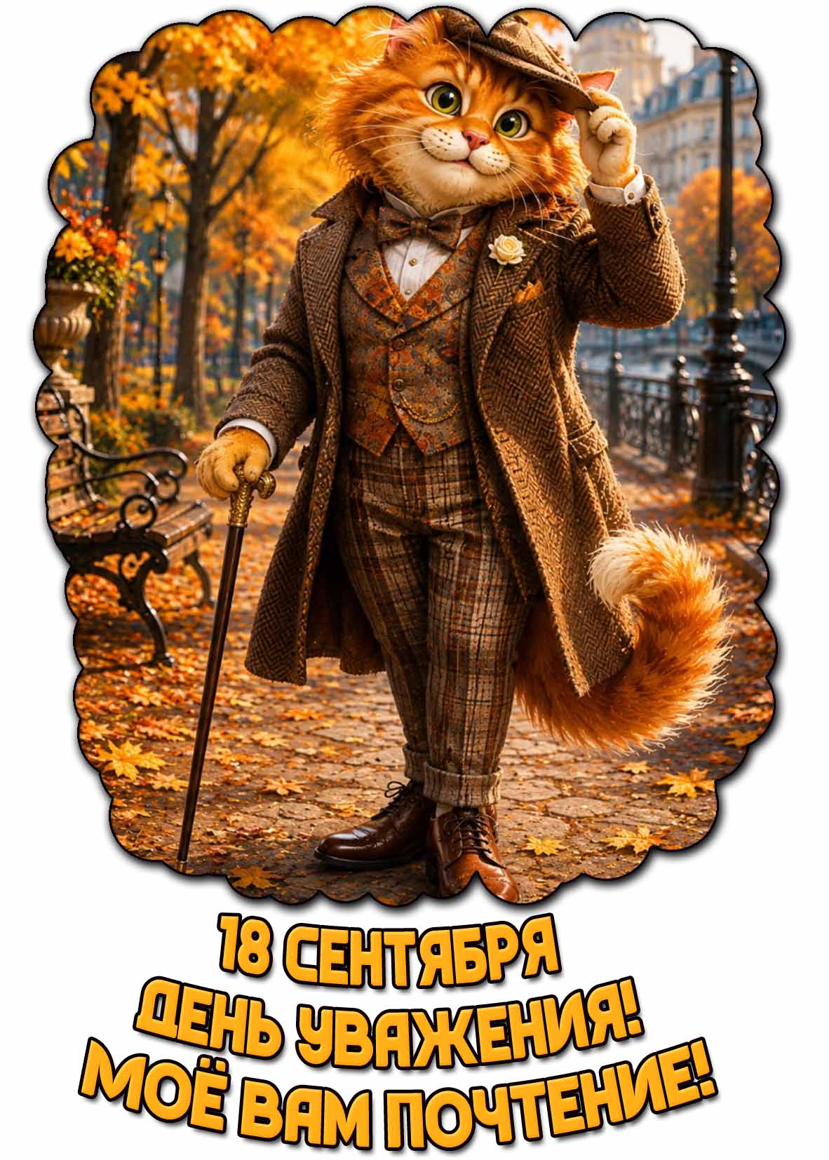 Красивая осенняя открытка 18 сентября - день уважения! Моё вам почтение!