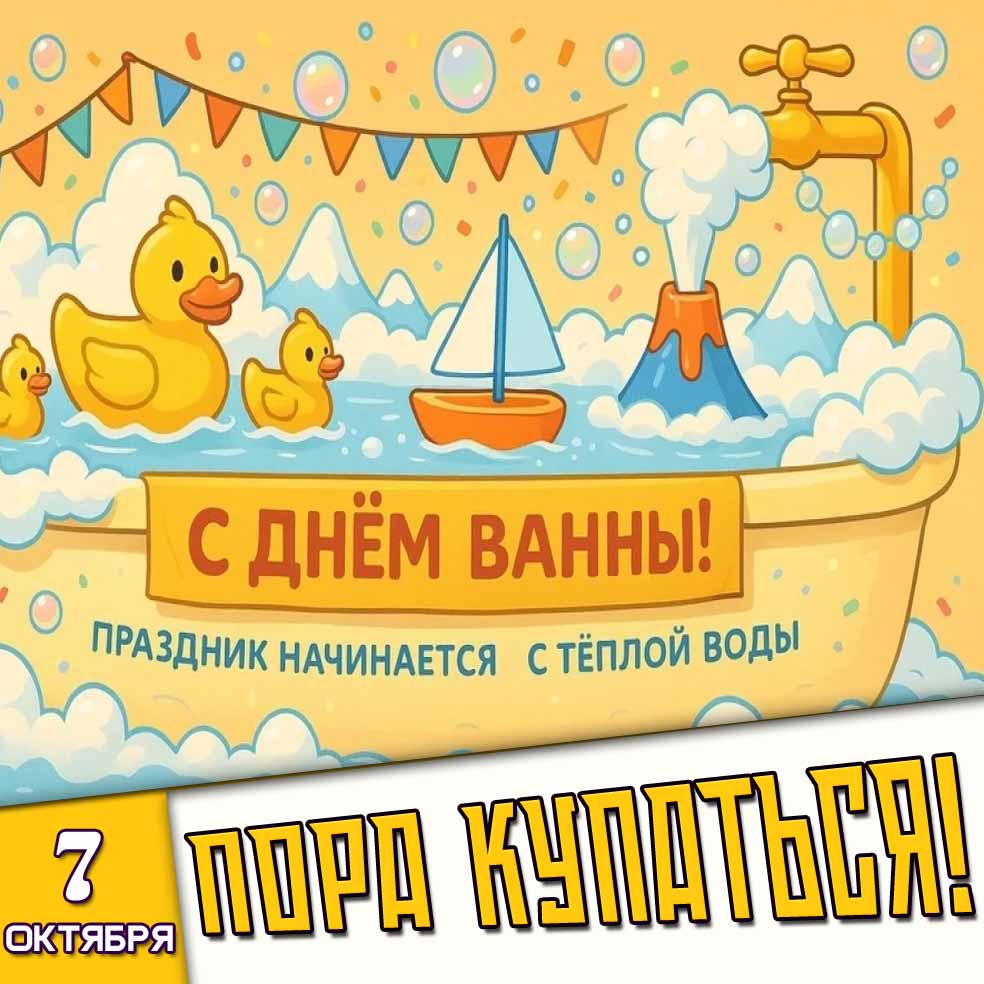 Прикольная картинка 7 октября - с днём ванны! Праздник начинается с тёплой воды! Пора купаться!