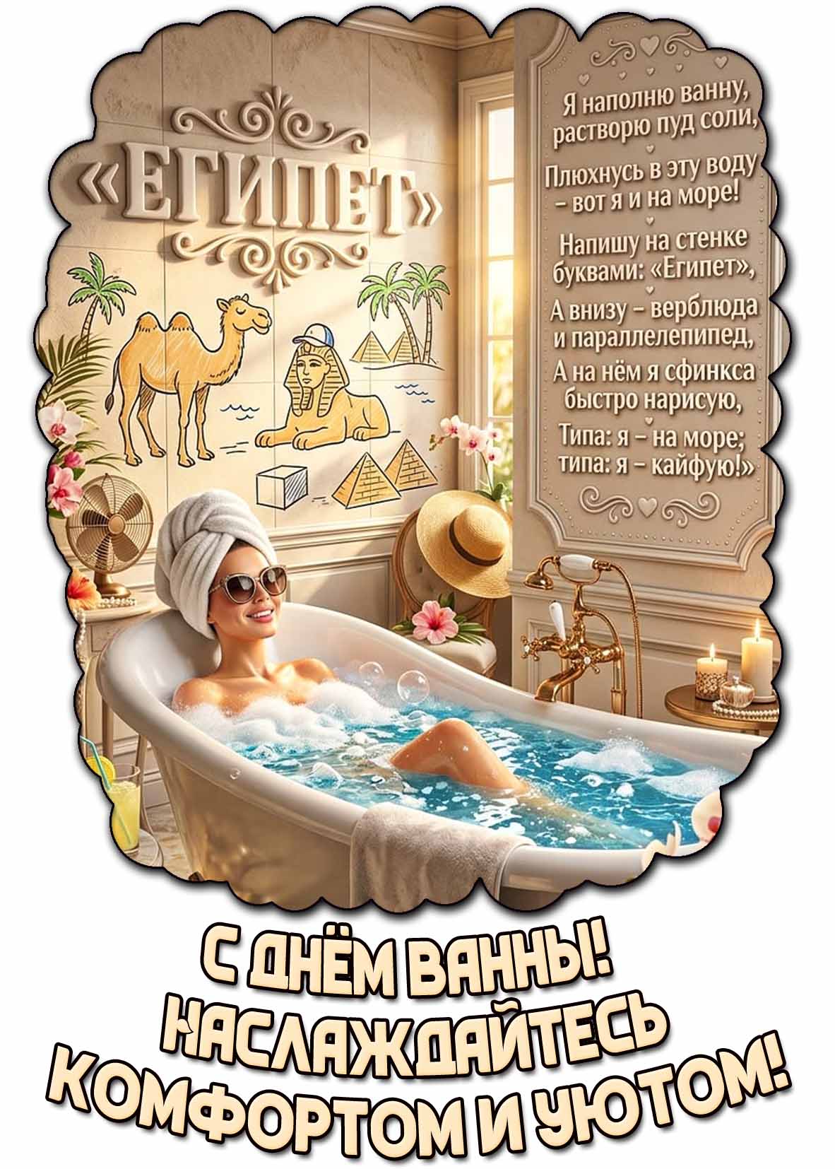 Красивая открытка "С днём ванны! Наслаждайтесь комфортом и уютом!"