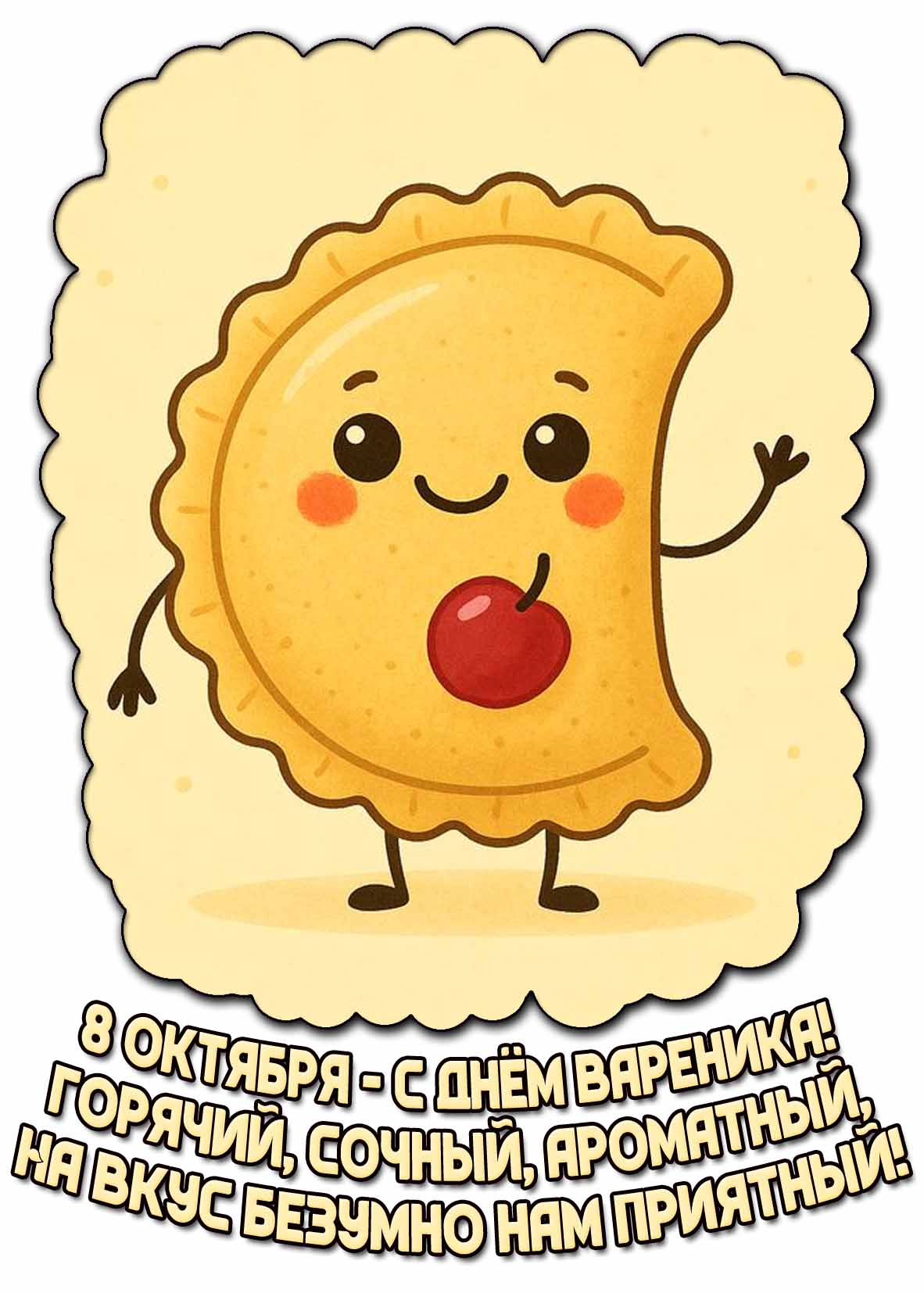 Открытка 8 октября - с днём вареника! Горячий, сочный, ароматный, на вкус безумно нам приятный!