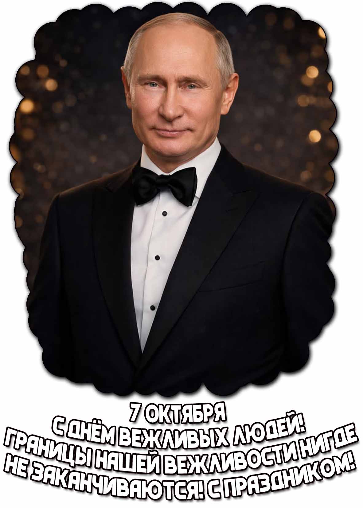 Прикольная открытка с президентом России В. В. Путиным в костюме с бабочкой к празднику 7 октября - с днём вежливых людей! Границы нашей вежливости нигде не заканчиваются! С праздником!