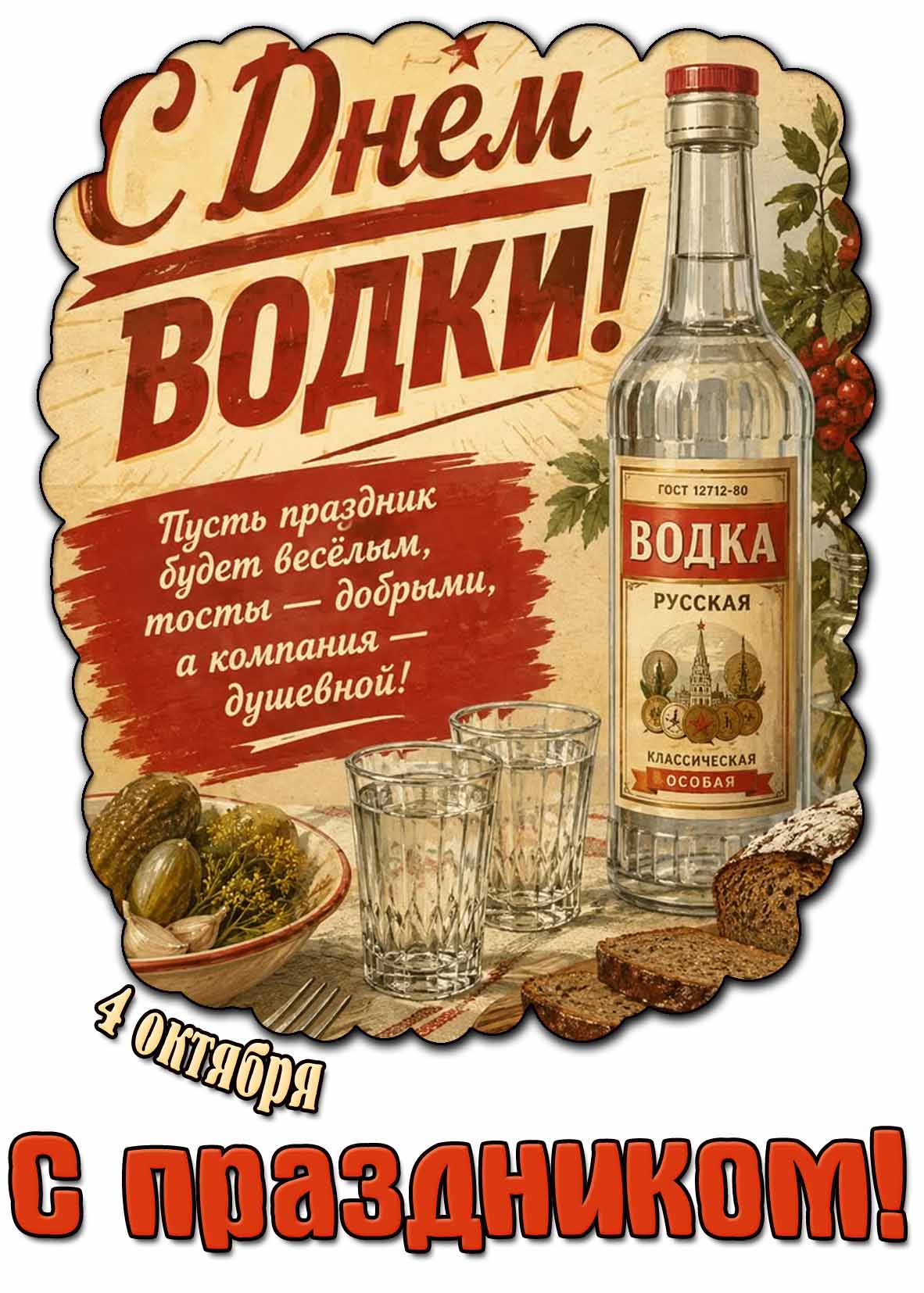 Открытка 4 октября - с днём водки! Пусть праздник будет весёлым, тосты - добрыми, а компания душевной! С праздником!