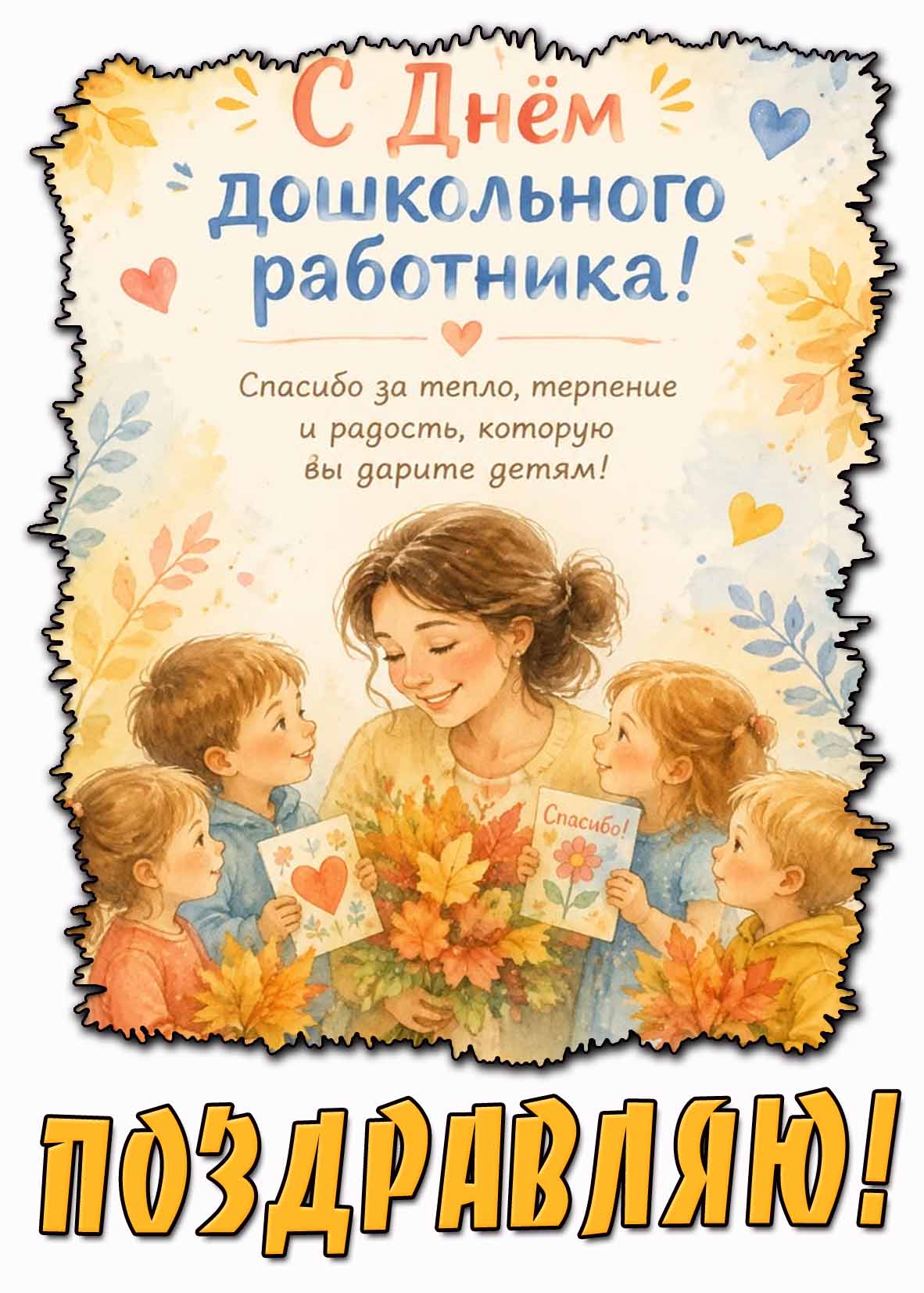 Картинка "С днём дошкольного работника! Спасибо за тепло, терпение и радость, которую вы дарите детям! Поздравляю!"