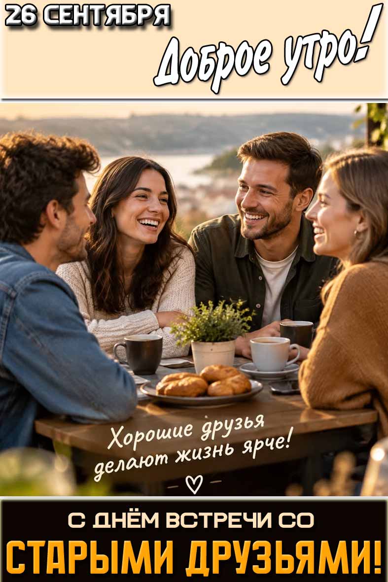 Картинка "26 сентября доброе утро! С днём встречи со старыми друзьями! Хорошие друзья делают жизнь ярче!"