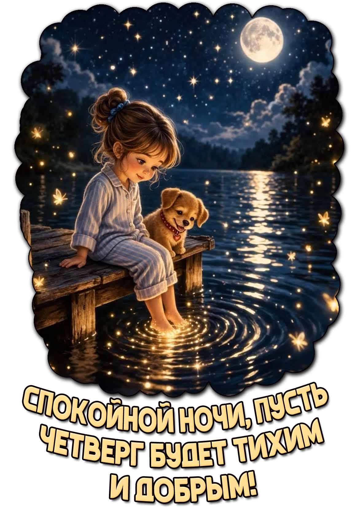 Детская открытка "Спокойной ночи, пусть четверг будет тихим и добрым!"