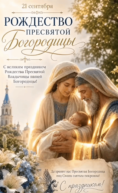 Красивая анимированная, блестящая и мерцающая gif картинка (гифка) с родителями Девы Марии с дитём на руках в лучах света к 21 сентября - Рождество Пресвятой Богородицы! С праздником! Гифка 21 сентября - Рождество Пресвятой Богородицы! С праздником!
