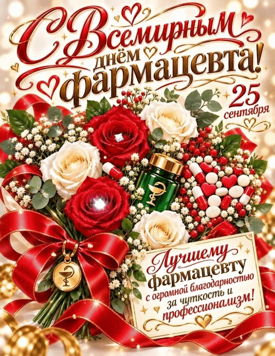 Красивая анимированная, мерцающая gif картинка (гифка) с цветами к празднику 25-го сентября : С Всемирным днём фармацевта! Лучшему фармацевту с огромной благодарностью за чуткость и профессионализм! Гифка с Всемирным днём фармацевта - 25 сентября