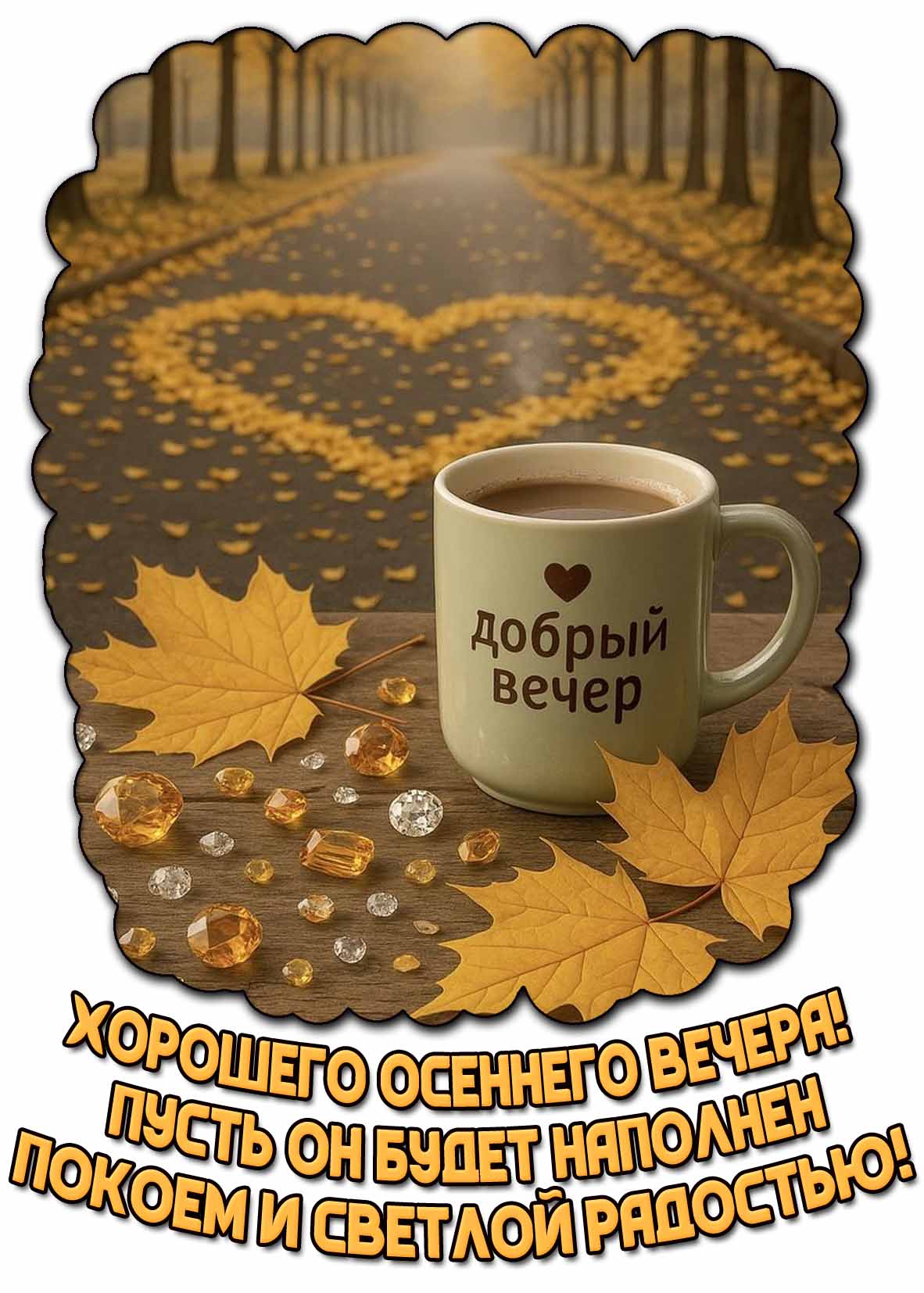 Красивая открытка с чашкой кофе на фоне осеннего парка и надписью, чтобы пожелать : Хорошего осеннего вечера! Пусть он будет наполнен покоем и светлой радостью!