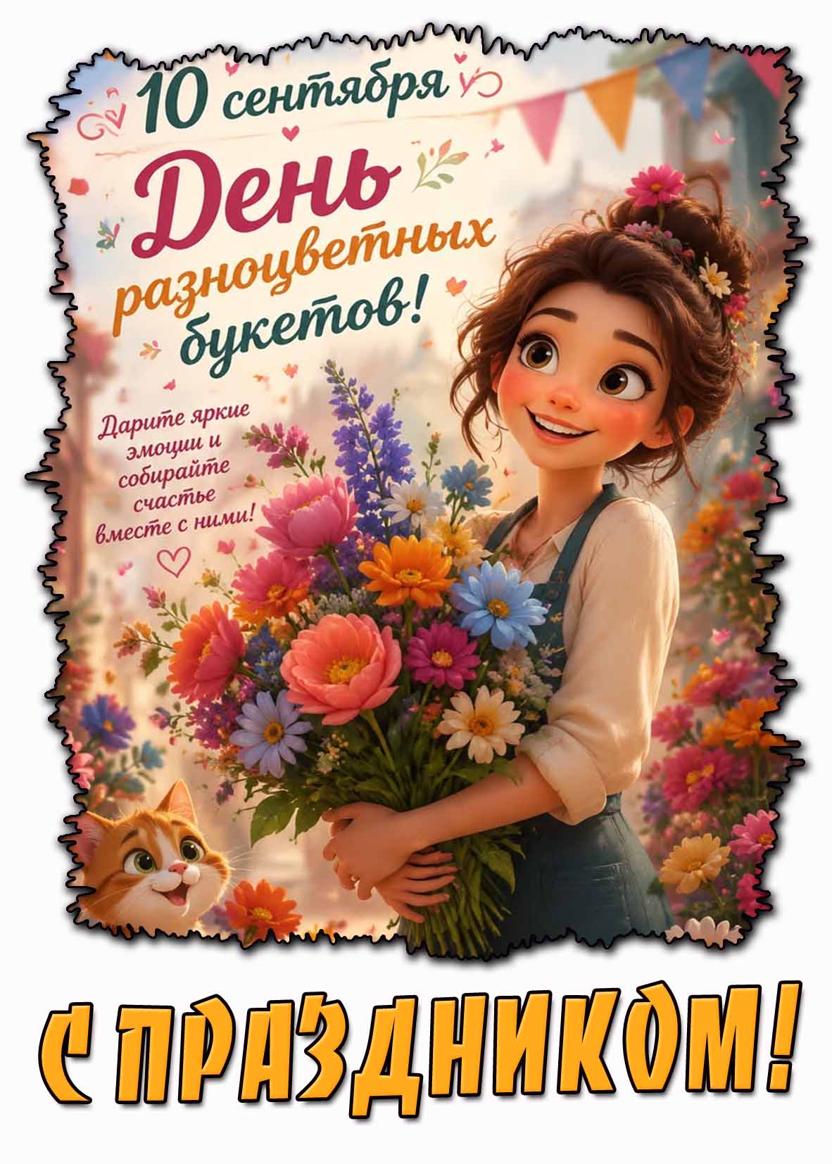 Картинка 10 сентября - день разноцветных букетом! Дарите яркие эмоции и собирайте счастье вместе с ними! С праздником!