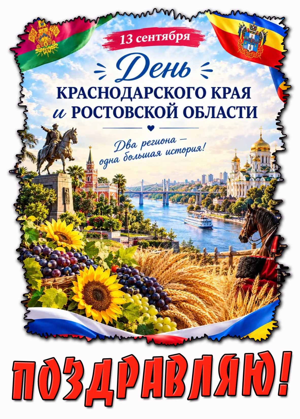 Картинка 13 сентября - день образования Краснодарского края и Ростовской область! Два региона - одна большая история! Поздравляю!