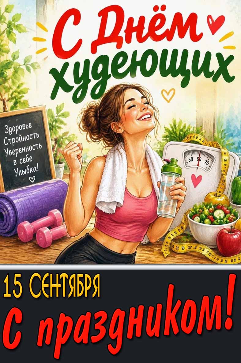 Картинка 15 сентября - с днём худеющих! Здоровье! Стройность! Уверенность в себе! Улыбка! С праздником!