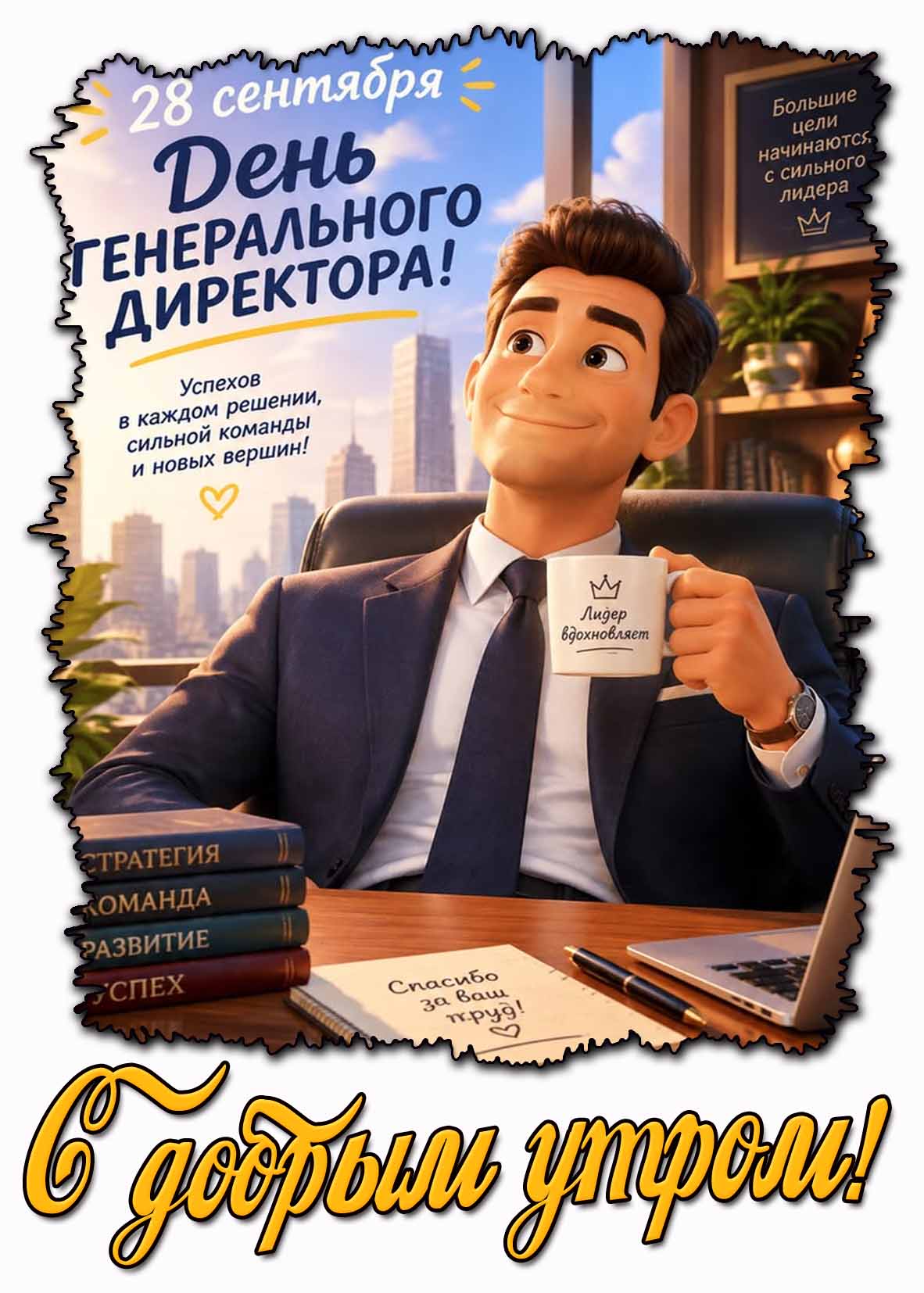 Картинка 28 сентября - день генерального директора! С добрым утром! Успехов в каждом решении, сильной команды и новых вершин!