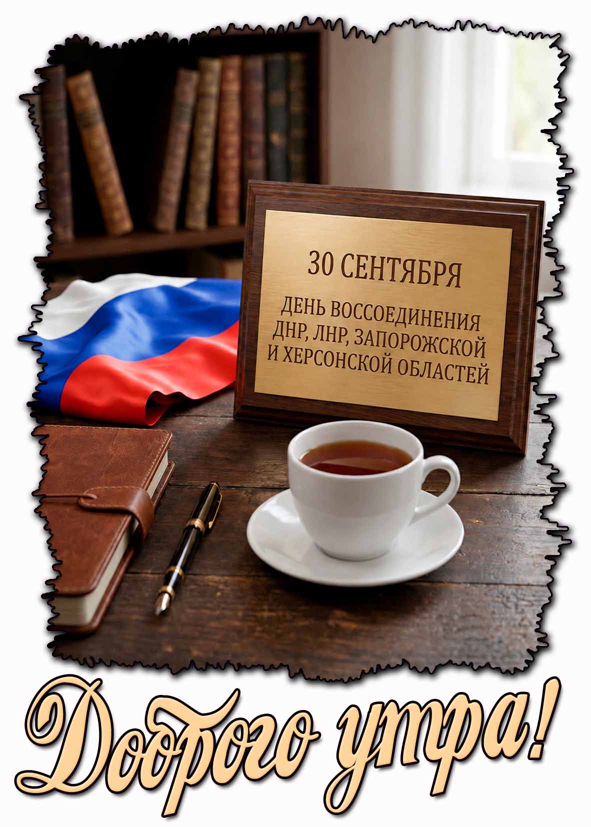 Открытка 30 сентября - день воссоединения ДНР, ЛНР, Запорожской и Херсонской областей! Доброго утра!