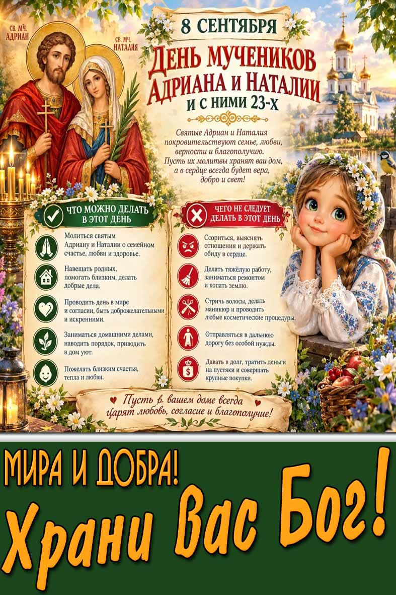 Картинка 8 сентября - день мучеников Адриана и Наталии и с ними 23-х! Мира и добра! Храни Вас Бог!