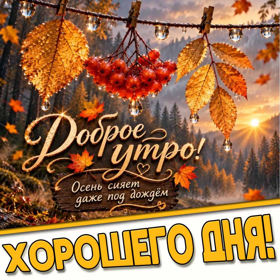 Картинка "Доброе утро! Осень сияет даже под дождём! Хорошего дня!"