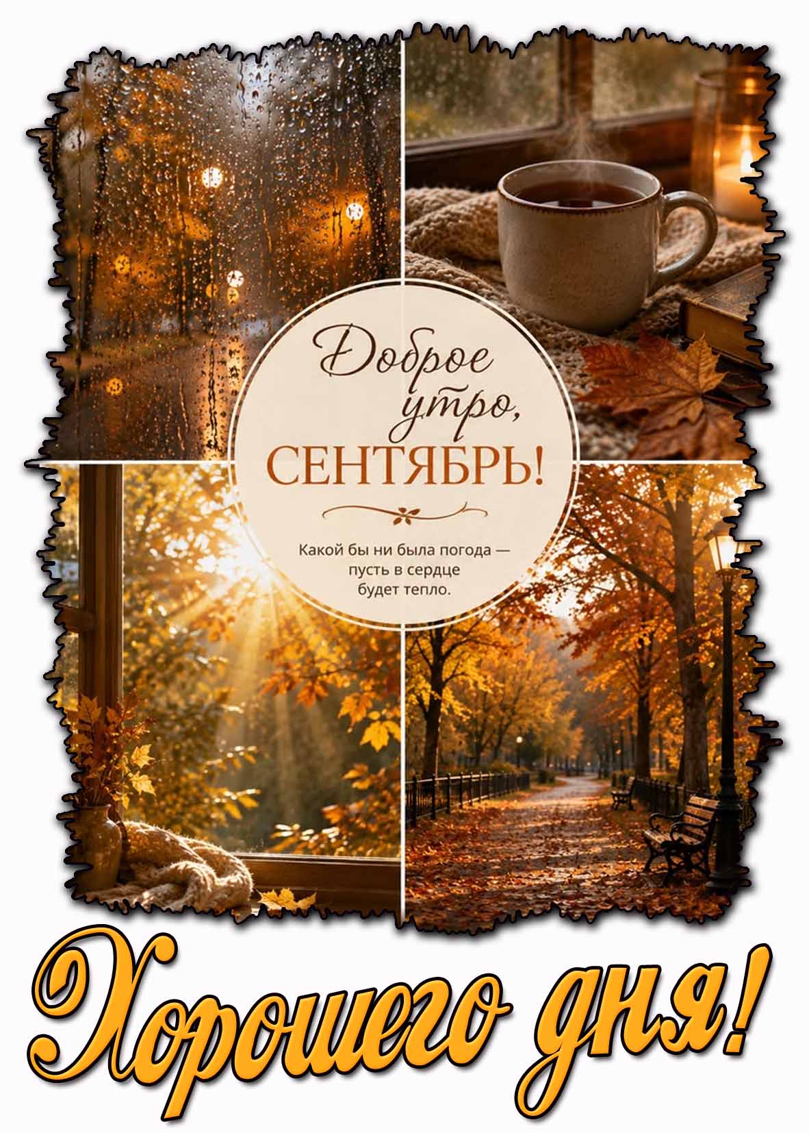 Картинка "Доброе утро, сентябрь! Какой бы ни была погода - пусть в сердце будет тепло! Хорошего дня!"