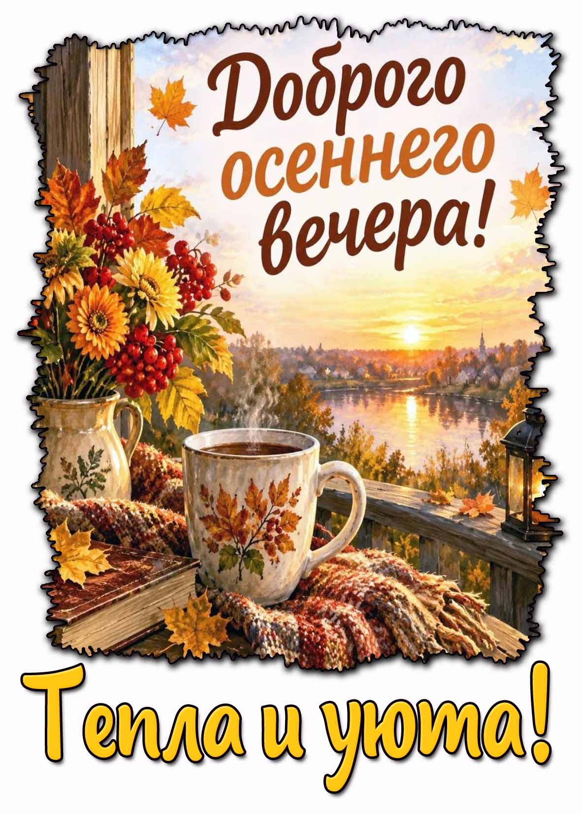 Красивая картинка с чашкой чая (кофе), букетом из цветов и листьев, фонарём-свечой на фоне заката над озером и надписью, чтобы пожелать : Доброго осеннего вечера! Тепла и уюта! Картинка "Доброго осеннего вечера! Тепла и уюта!"