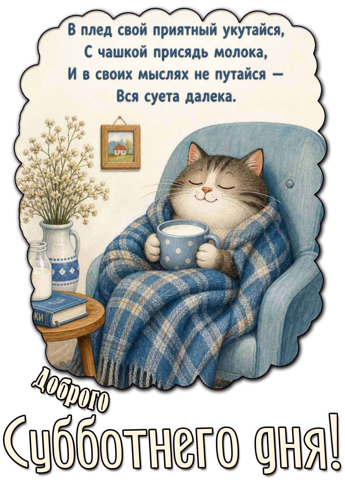 Картинка "Доброго субботнего дня! В плед свой приятный укутайся, с чашкой присядь молока, и в своих мыслях не путайся - вся суета далека!"