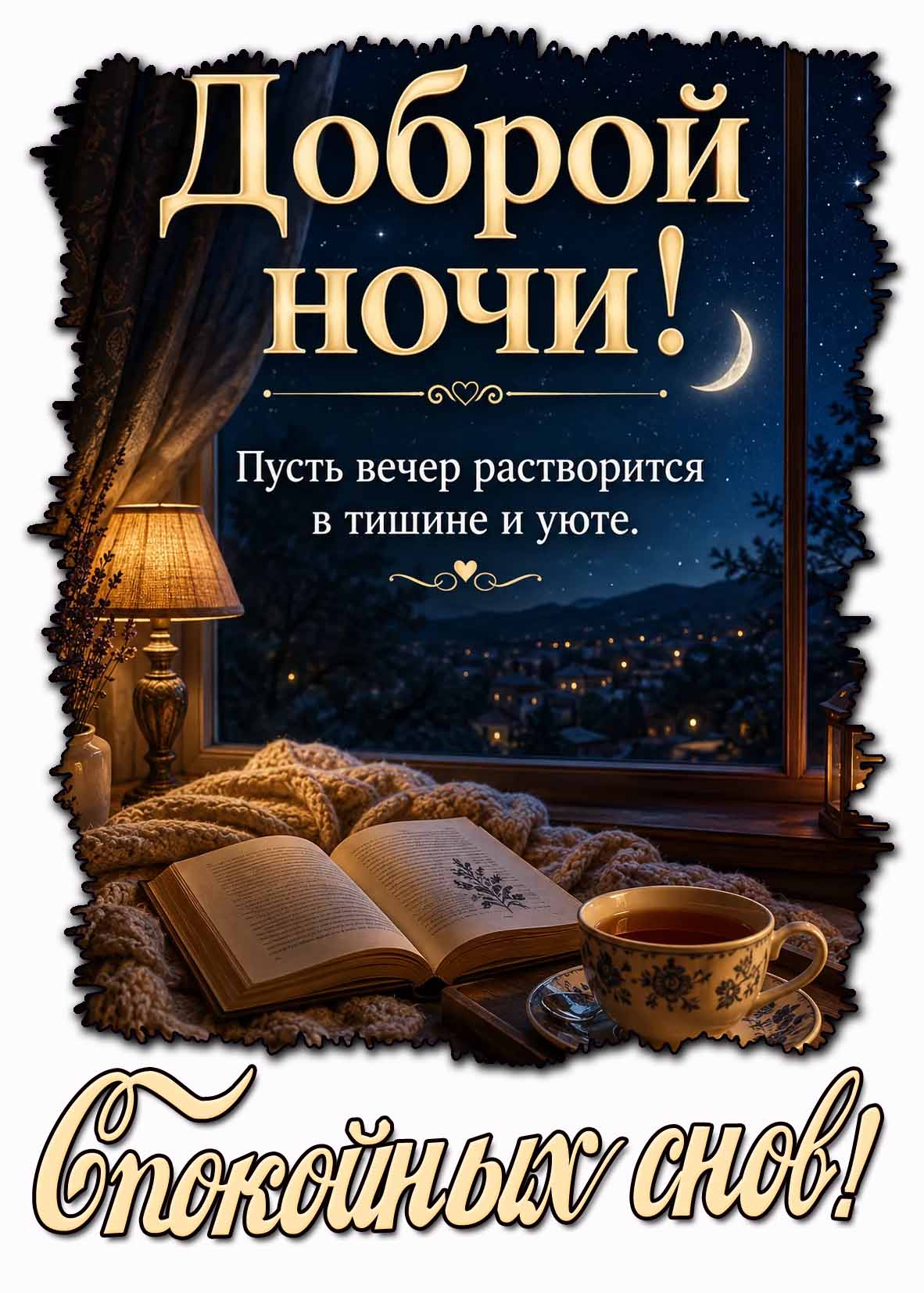 Красивая картинка с чашкой чая и книгой на фоне полумесяца над городом, чтобы пожелать : Доброй ночи! Пусть вечер растворится в тишине и уюте! Спокойных снов! Картинка "Доброй ночи! Пусть вечер растворится в тишине и уюте! Спокойных снов!"