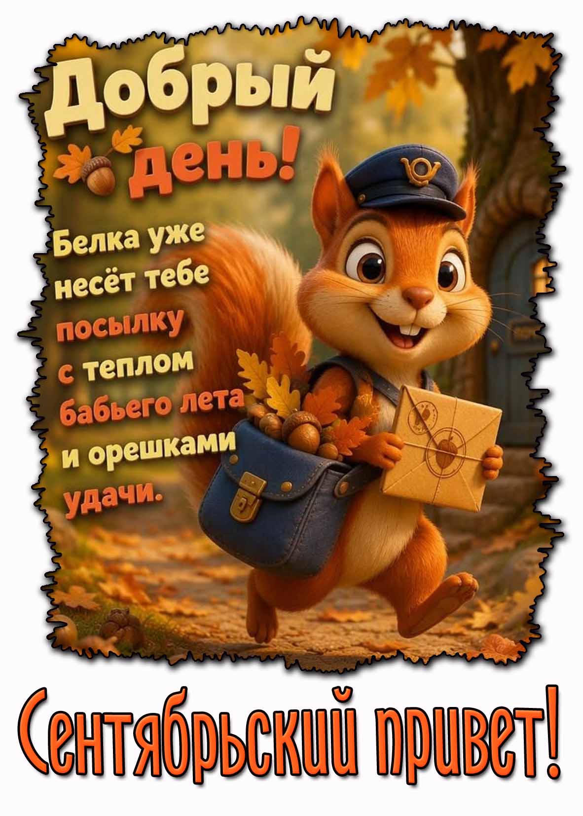 Картинка "Добрый день! Сентябрьский привет! Белка уже несёт тебе посылку с теплом бабьего лета и орешками удачи!"