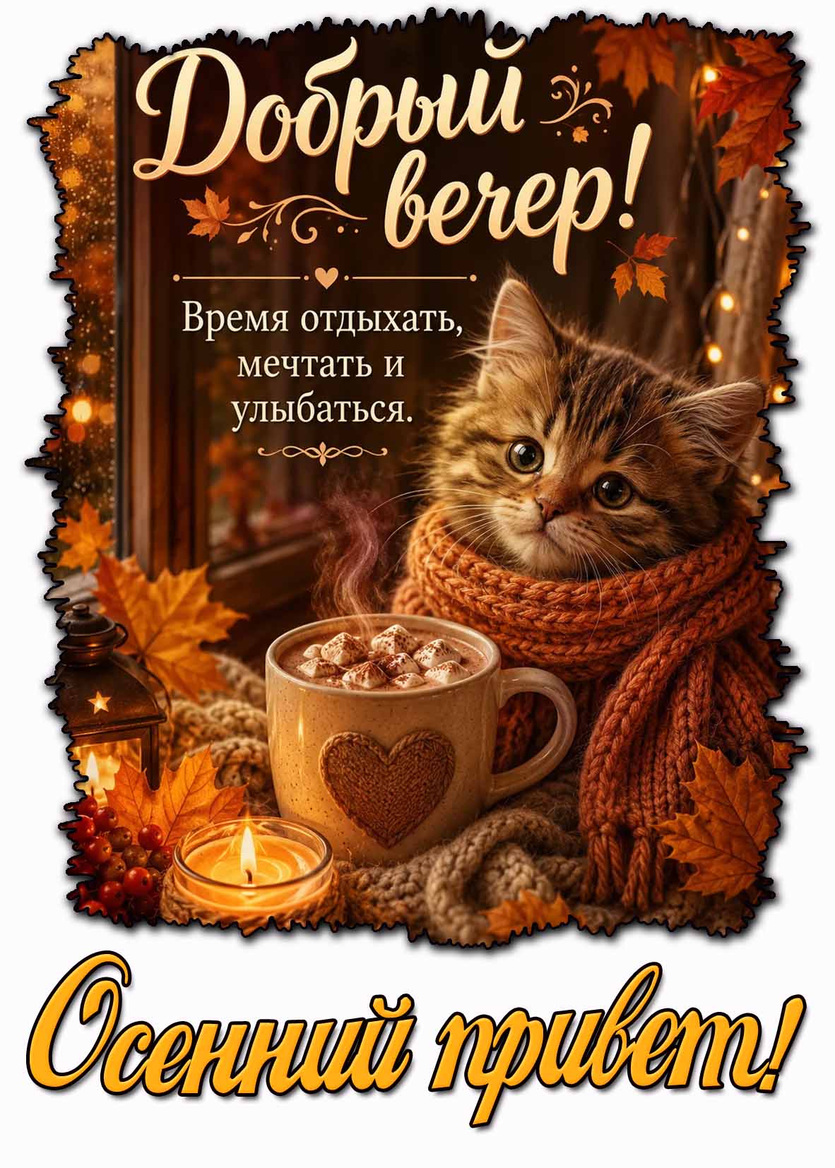 Картинка "Добрый вечер! Время отдыхать, мечтать и улыбаться! Осенний привет!"