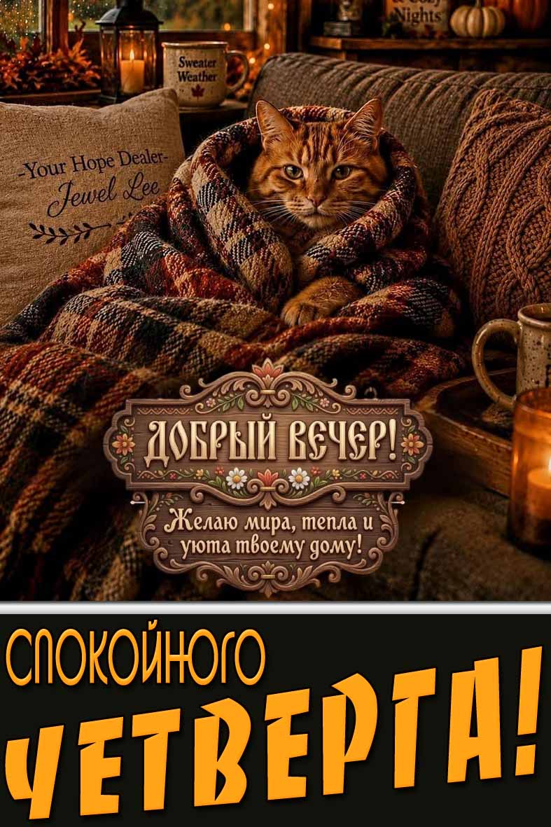 Картинка "Добрый вечер! Желаю мира, тепла и уюта твоему дому! Спокойного четверга!"