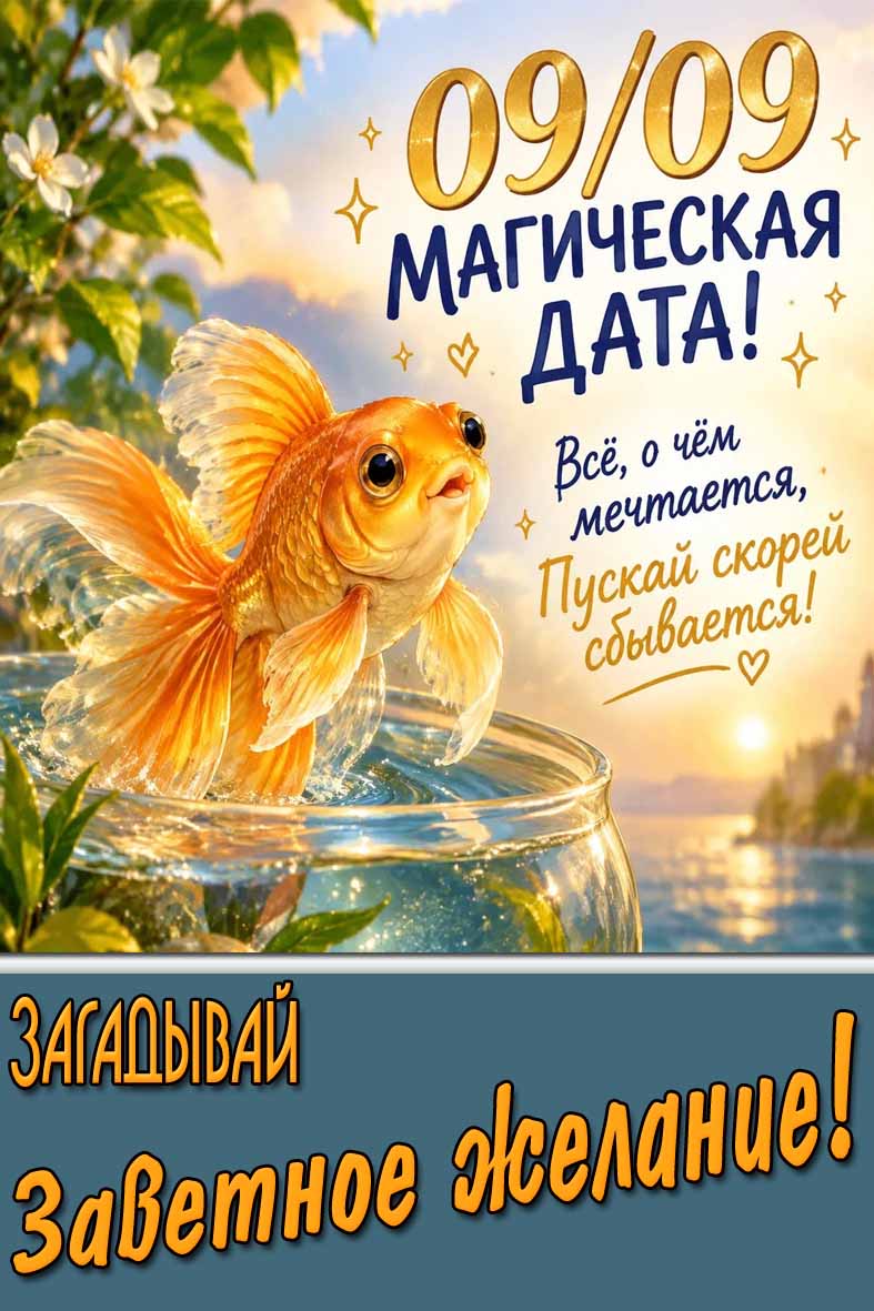 Красивая картинка с золотой рыбкой и надписью : Магическая дата 09/09! Всё, о чём мечтается, пускай скорей сбывается! Загадывай заветное желание!