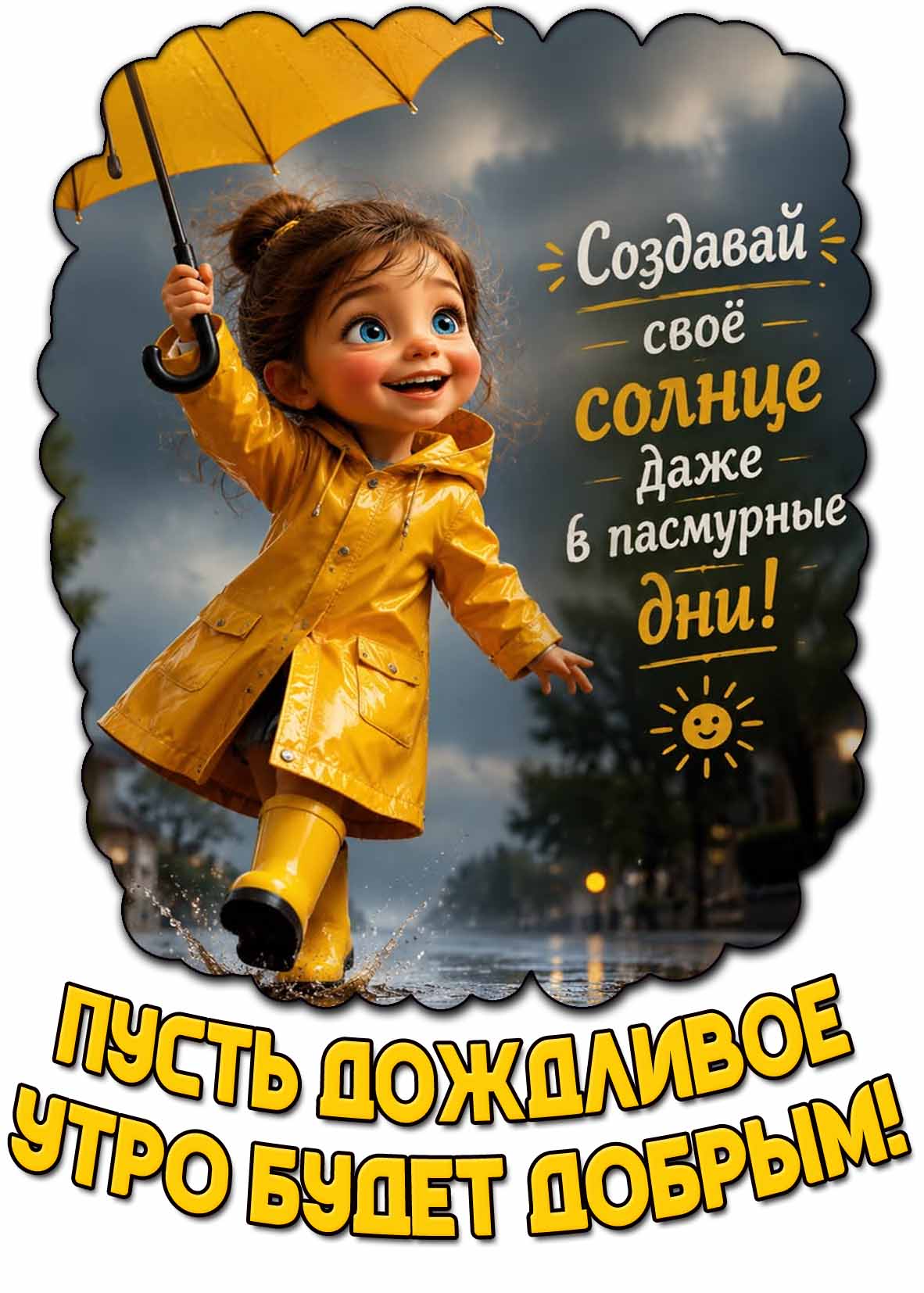 Картинка "Пусть дождливое утро будет добрым! Создавай своё солнце даже в пасмурные дни!"