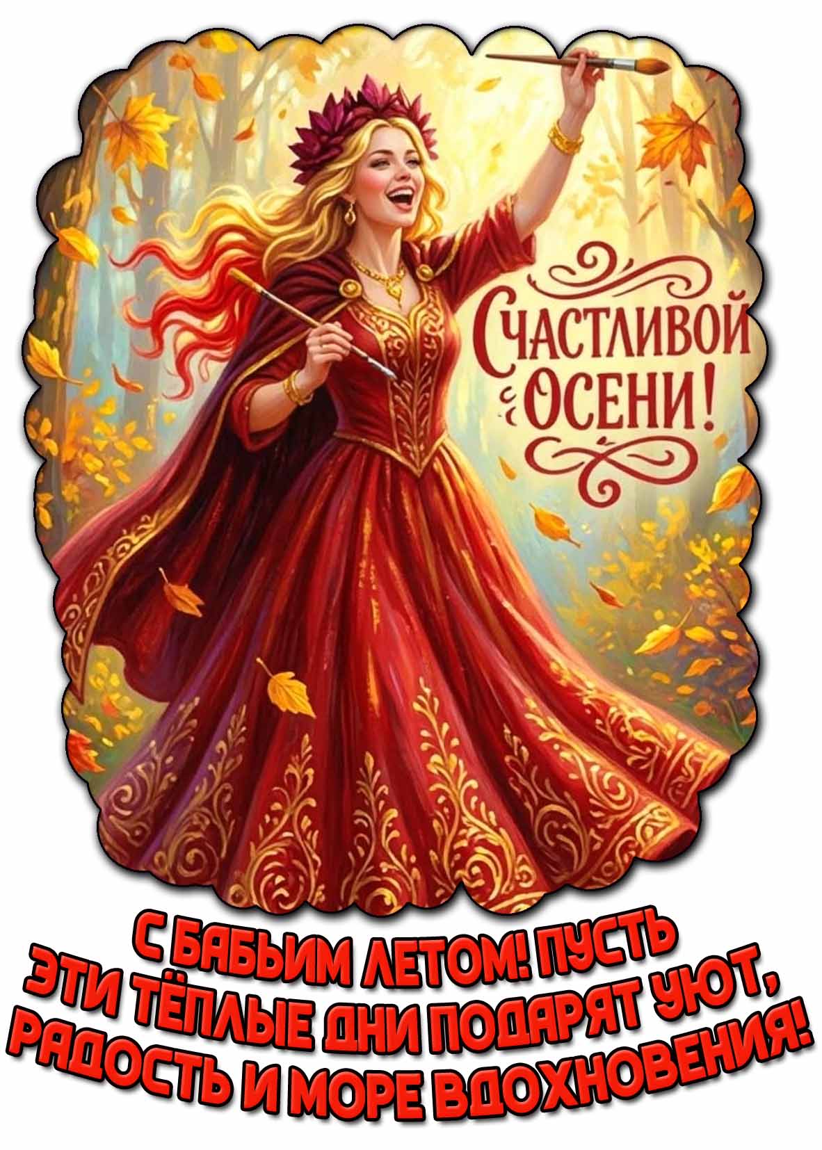 Картинка "С Бабьим летом! Пусть эти тёплые дни подарят уют, радость и море вдохновения! Счастливой осени!"